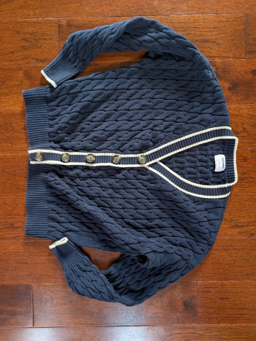 Old Navy Navy Cable-Knit Button-Back Cardigan with Cream Trim